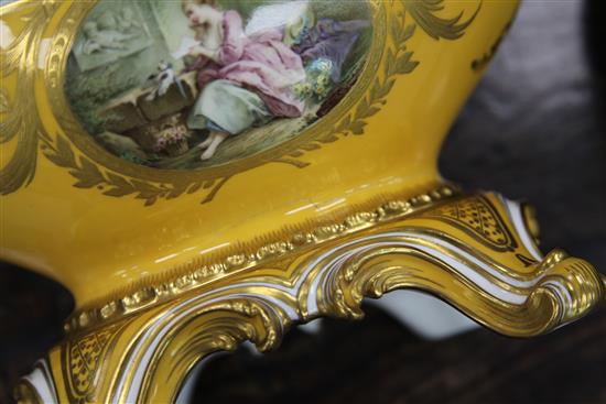 A Mintons bone china yellow ground gondola shaped vase, cover and stand, c.1894, in imitation of a Sevres pot pourri, 37cm, broken at t
